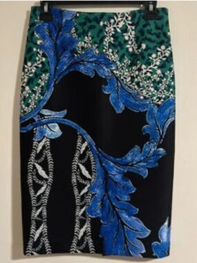 Yigal Azrouel Black, Blue & Green Patterned Scuba Pencil Skirt. Size S